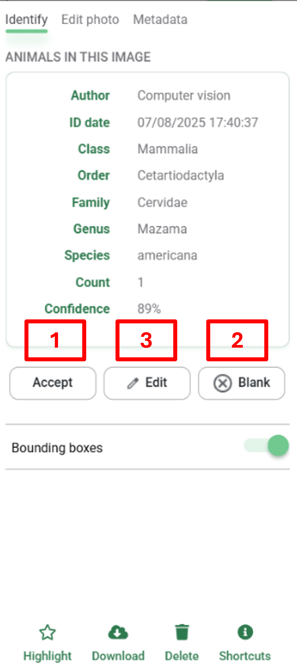 Screenshot of the Identify Image accept, edit or mark blank options