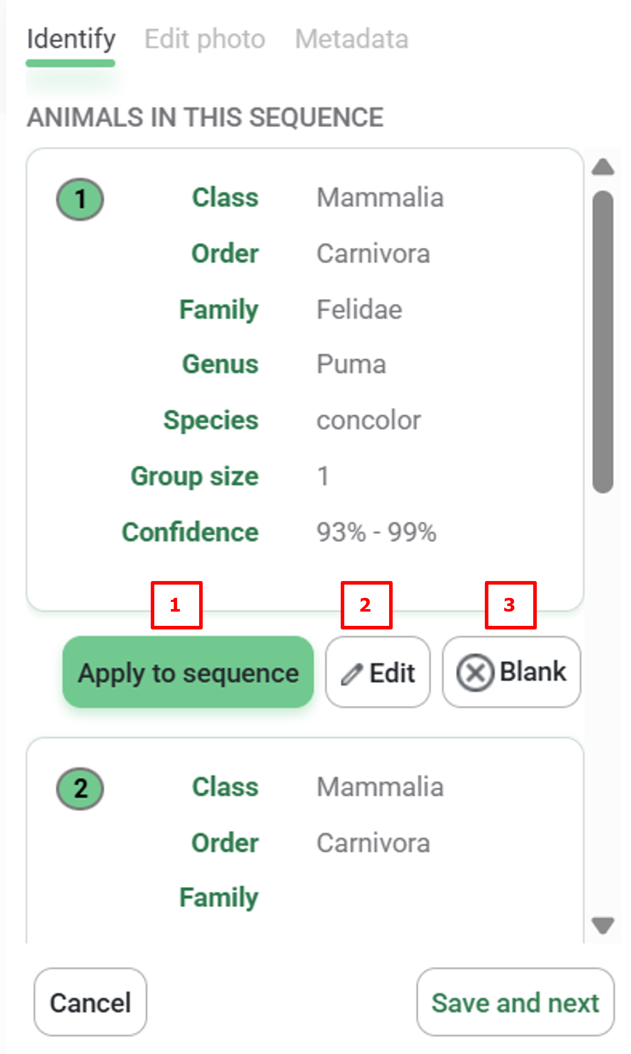 Screenshot of options to confirm or edit identifications in image sequences