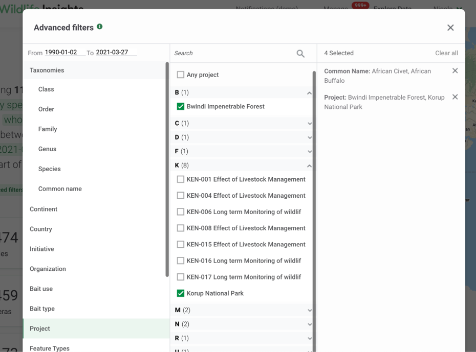 Screenshot of the Advanced filters for public downloads