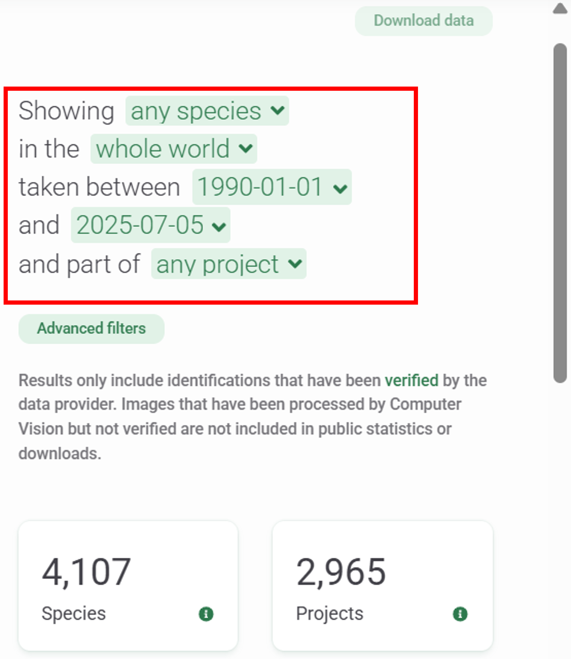 Screenshot of the basic filters and statistics window on the Explore page