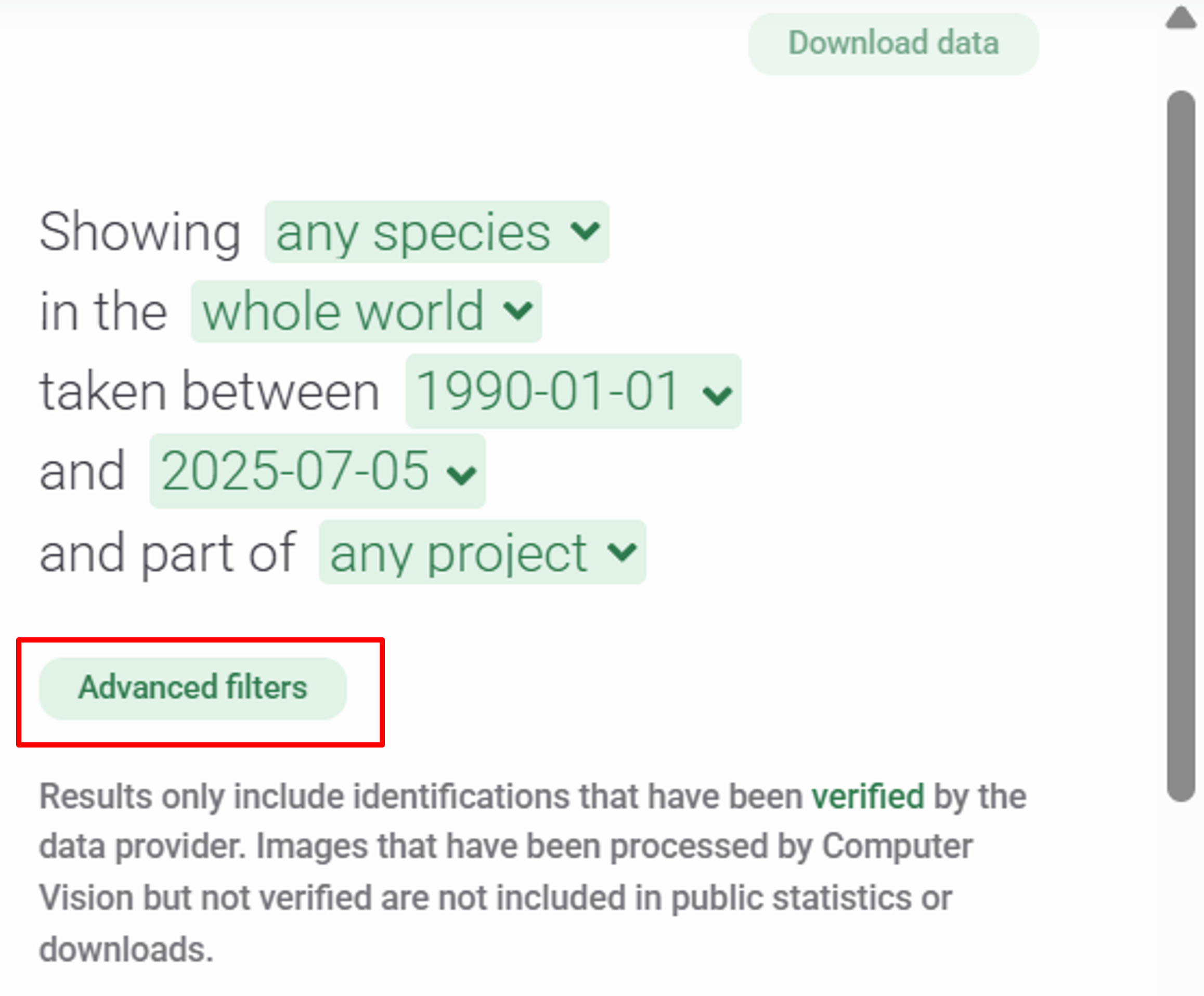 Screenshot of the basic filters and statistics window on the Explore page showing the Advanced filters button