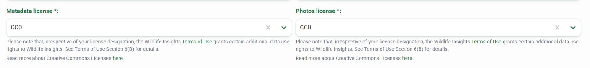 Project data license options Screenshot of data licensing options on project details page